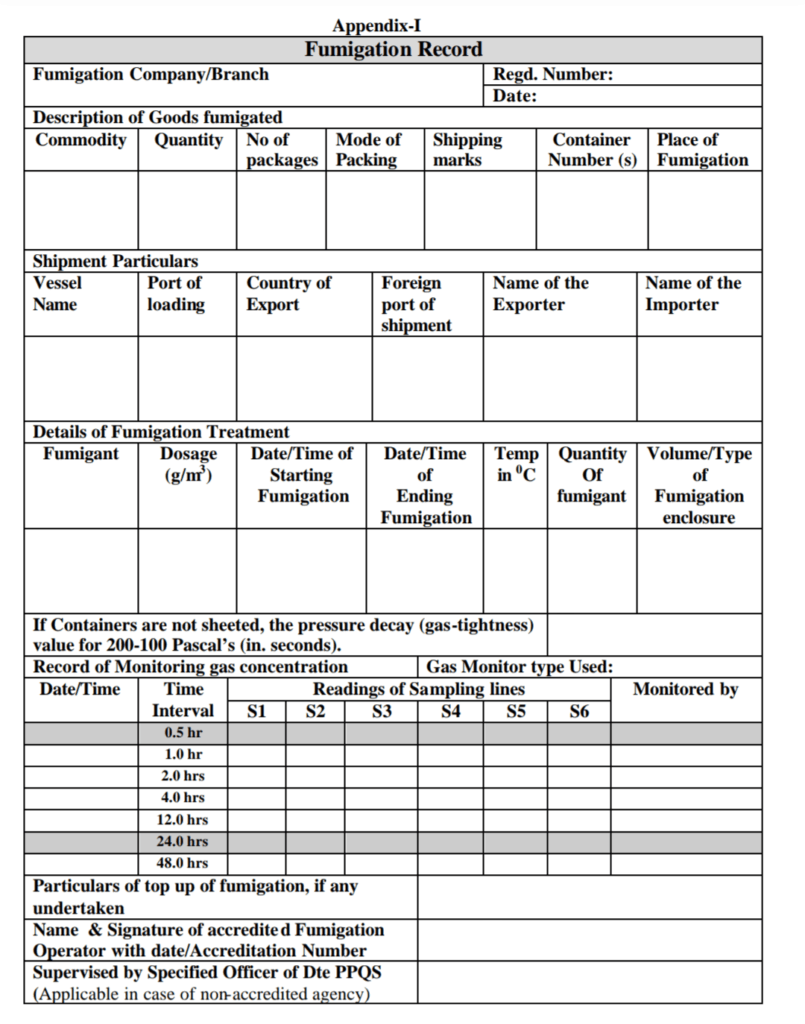 The Appendix-1 required for fumigation record 