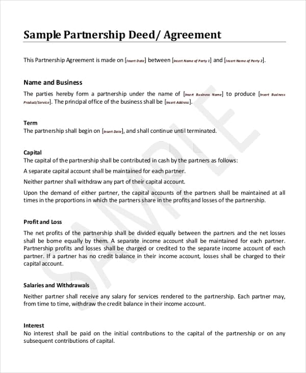 Sample Partnership Deed necessary for staring a Partnership Firm