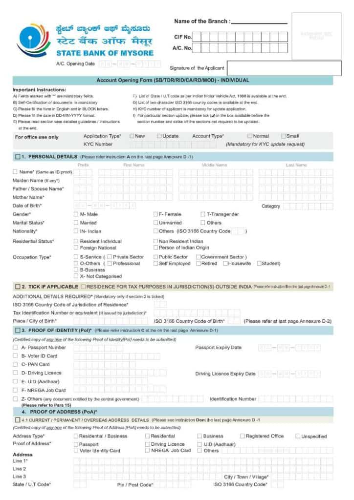 Sample application form opening a current account in State bank of Mysore 