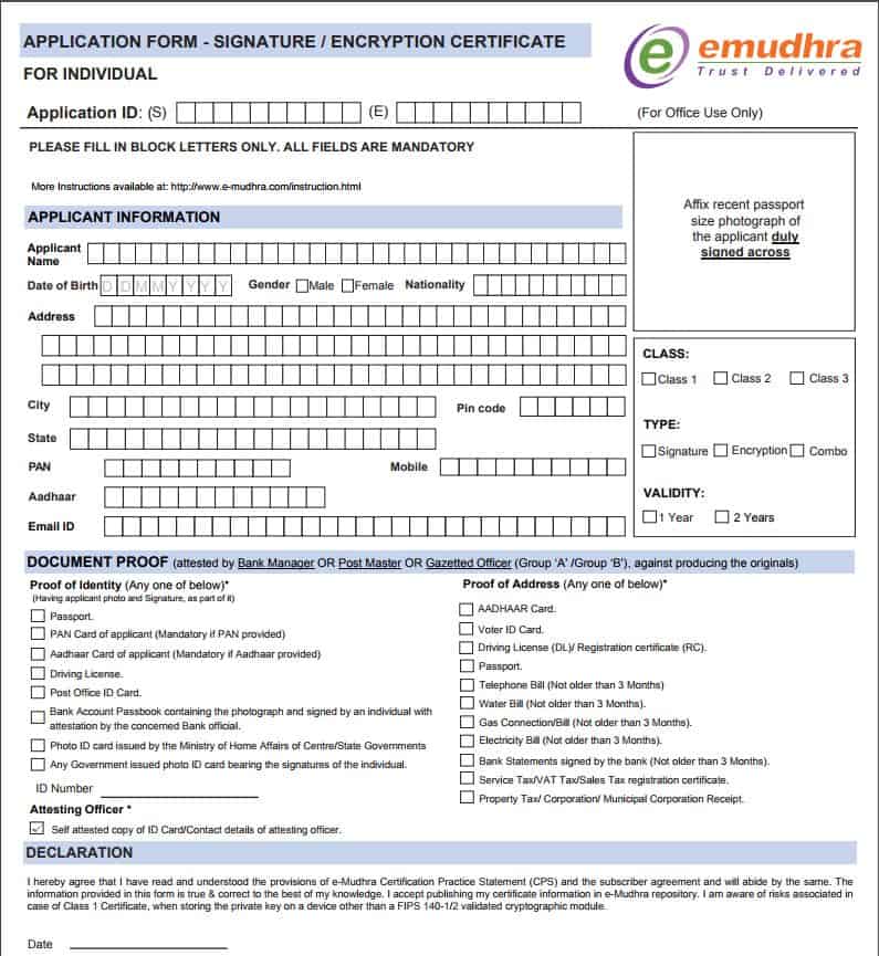 Application form for DSC from eMudra