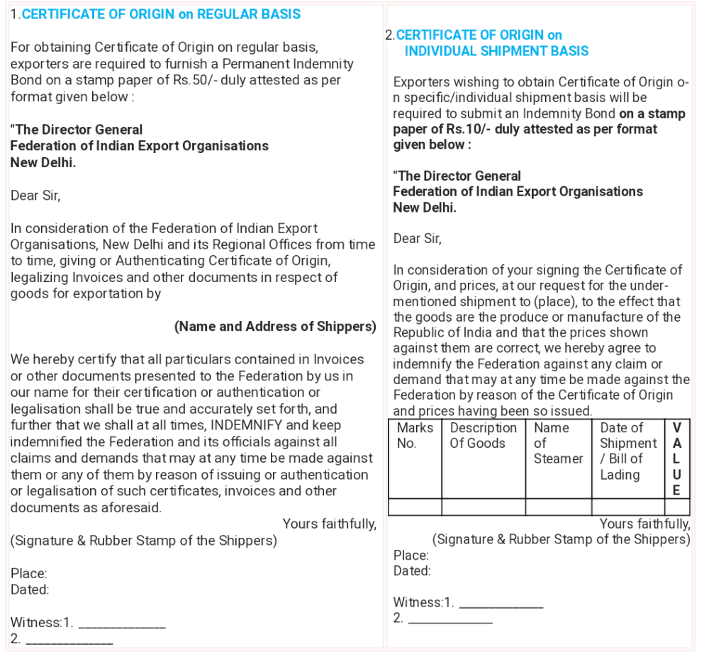 Format of the Indemnity bond on stamp paper for regular basis and individual consignments