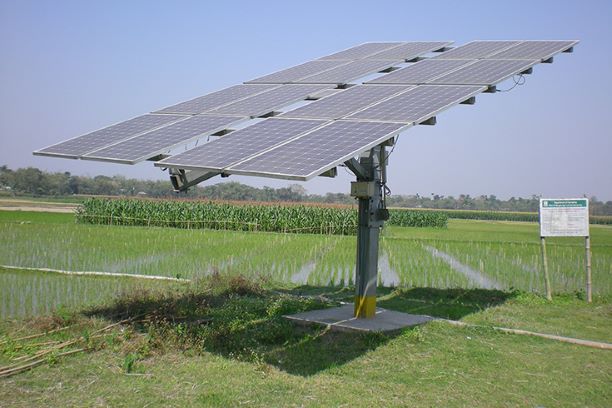 A solar panel in the farmland planted under PM KUSUM scheme