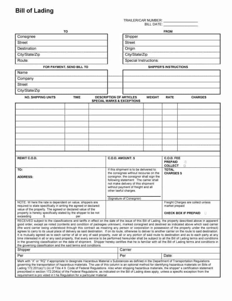 Form to be filled to issue Bill of Lading